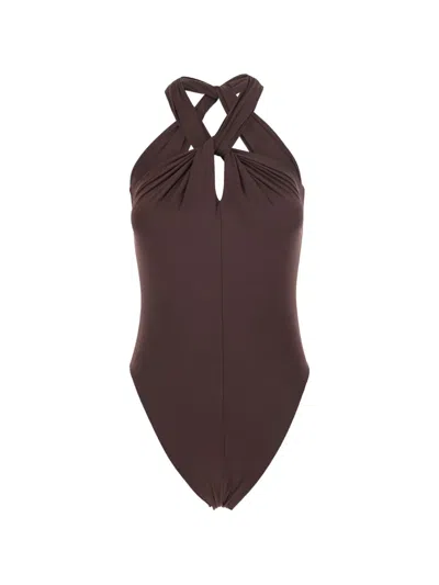 Federica Tosi Halterneck Twist-detail Swimsuit In Brown