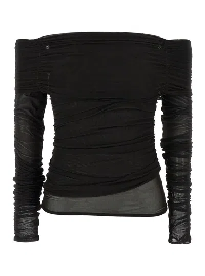 Federica Tosi Off-shoulder Gathered Mesh Blouse In Black