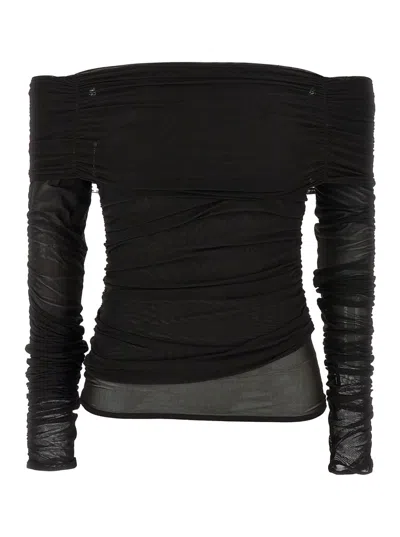 FEDERICA TOSI BROWN SWEATER WITH BARE SHOULDERS AND DRAPED DETAILS IN TULLE WOMAN