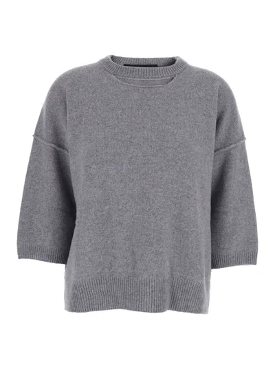 FEDERICA TOSI GREY SWEATER WITH DROPPED SHOULDER AND THREE-QUARTER SLEEVE IN WOOL AND CASHMERE BLEND WOMAN