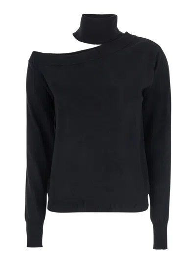 FEDERICA TOSI BLACK HIGH NECK SWEATER WITH CUT-OUT DETAIL IN WOOL BLEND WOMAN