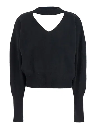 FEDERICA TOSI BLACK V-NECK SWEATER WITH CUT-OUT DETAIL ON THE BACK IN WOOL AND CASHMERE BLEND WOMAN