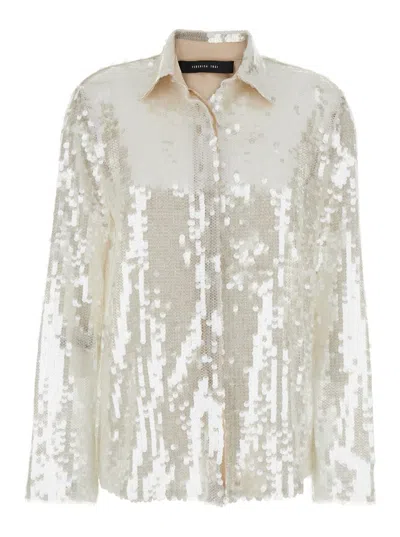 Federica Tosi Metallic Shirt With Mesh Design And All-over Applied Sequins In Tech Fabric Woman In Grey