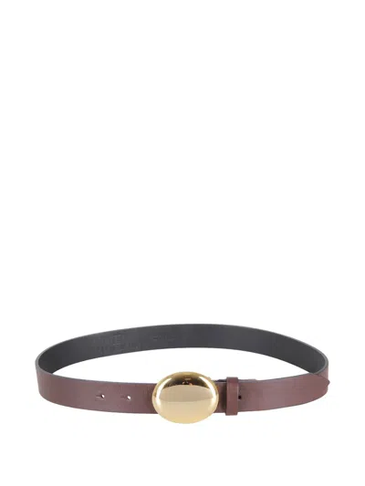 Federica Tosi Slim Leather Belt With Oval Gold Buckle In Brown