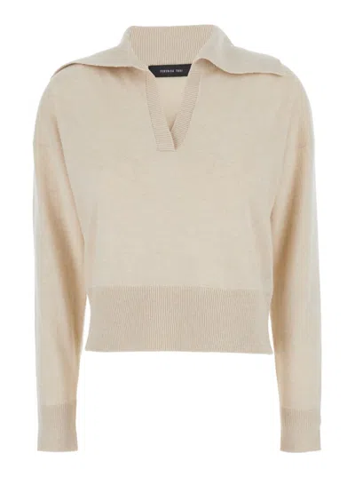 Federica Tosi Polo Pull Sweater With Classic Collar And Ribbed Hem In Beige