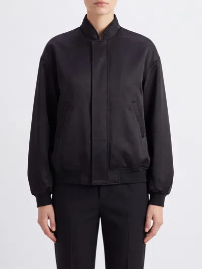 Federica Tosi Satin Bomber Jacket With Concealed Fastening And Dropped Shoulders In Black