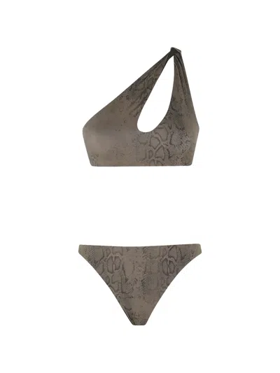 Federica Tosi Snake-print One-shoulder Bikini In Brown