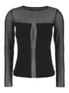 FEDERICA TOSI BLACK CREWNECKT-SHIRT WITH SEMI TRANSPARENT INSERTS  IN TULLE STRETCH WOMAN