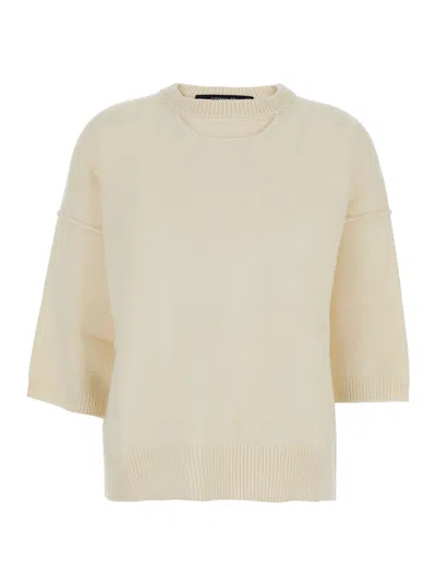 FEDERICA TOSI WHITE SWEATER WITH DROPPED SHOULDER AND THREE-QUARTER SLEEVE IN WOOL AND CASHMERE BLEND WOMAN