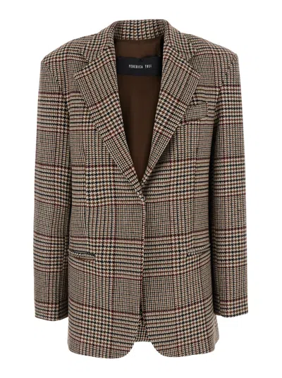 Federica Tosi Women's Prince Of Wales Wool-blend Single-breasted Blazer Jacket With Oversized Fit In Brown