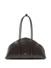 Federico Cina Curved Brown Leather Handbag With Elongated Handles In Black