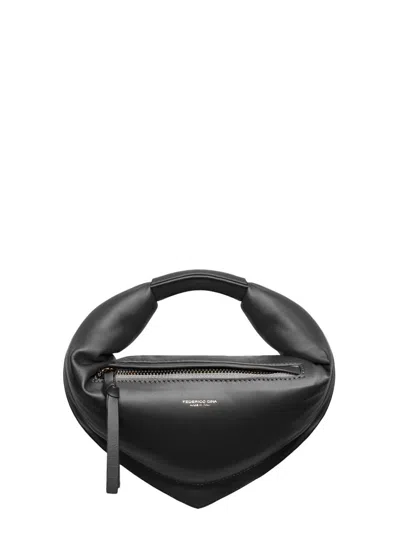 Federico Cina 'tortellino' Black Mini Handbag With Adjustable And Removable Shoulder Strap And Logo Lettering On T