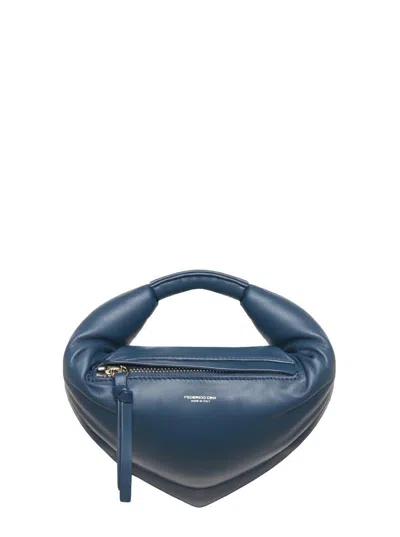 Federico Cina 'tortellino' Blue Mini Handbag With Adjustable And Removable Shoulder Strap And Logo Lettering On Th