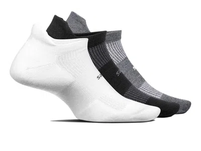Feetures High Performance Max Cushion No Show Tab 3-pair Pack No Show Socks Shoes White/black/grey: Sm (us Wo In Multi