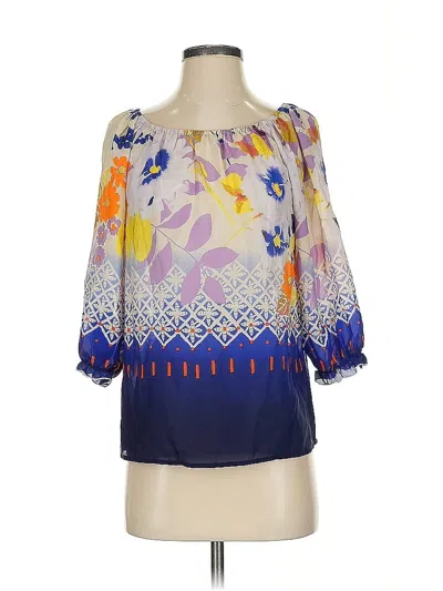 Pre-owned Fei 3/4 Sleeve Silk Top Blue Cold Shoulder Neckline Tops