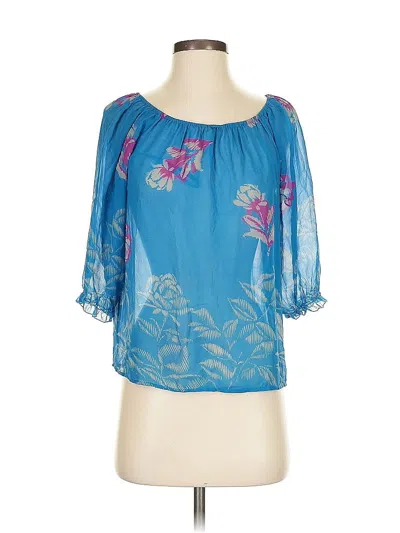 Pre-owned Fei Short Sleeve Silk Top Blue Off The Shoulder Neckline Tops