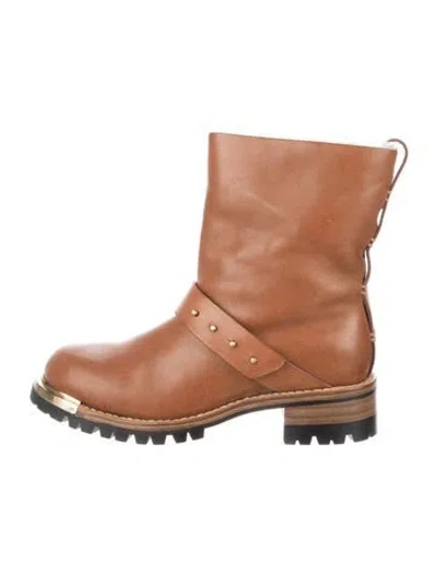 Pre-owned Feit Leather Moto Boots In Brown