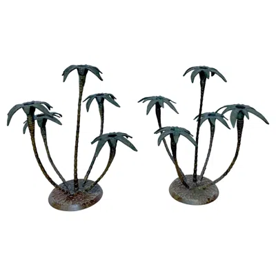 Pre-owned Feldman Lighting Co. Pair Patinated Tole Metal Palm Tree 5 Arm Candlestick Holders In Black