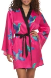 Felina Adrienne Print Short Satin Robe In Pink Hummingbirds