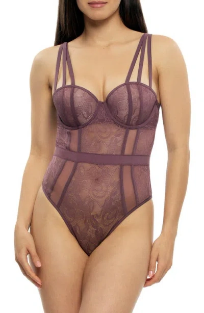 Felina Anika Strappy Underwire Lace & Mesh Teddy In Brown