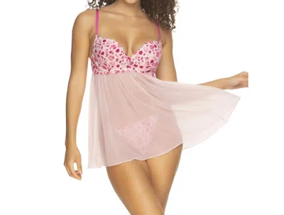Felina Besame Printed Lace & Mesh Babydoll Chemise With G-string In Sugar Glaze In Pink