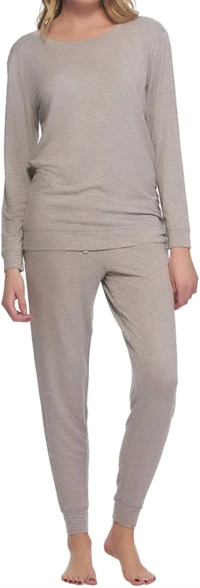 Felina Crew Neck Pajama Top In Heather Gray/neon Pink