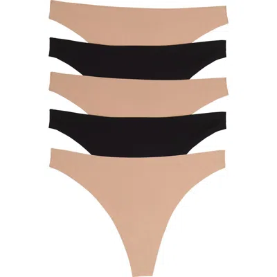 Felina Flex Bonded Assorted 5-pack Thongs In Black/tuscan Sand/suede