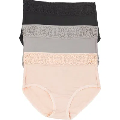Felina Serene 3-pack Lace Trim Briefs In Black/gull/peach Blush