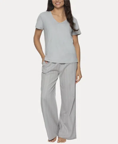Felina Women's Mirielle 2 Pc. Short Sleeve Pajama Set In Silver Sconce With White Pinstripe