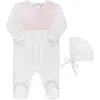 Feltman Brothers Faux Wrap Cotton Blend Velour Footie & Hat Set In Ivory/pink