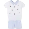 Feltman Brothers Sailboat Embroidered Short Sleeve Sweater & Shorts Set In White/blue