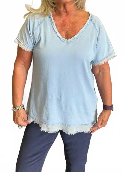 Femme Fatale Frayed Edge Short Sleeve Top In Ice In Blue