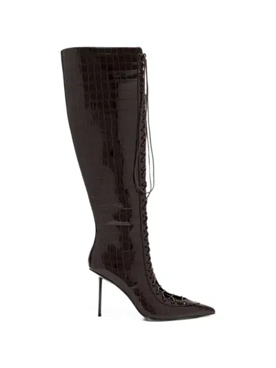 Femme La Croc-effect Lace-up Knee-high Boots In Brown