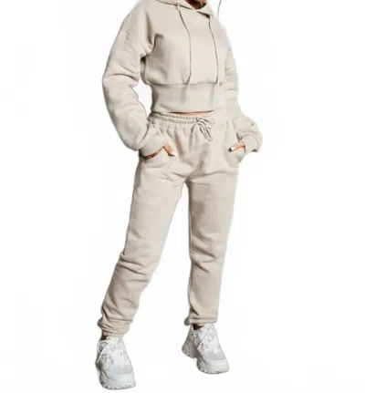 Femme Luxe Long Sleeve Cropped Fleece Hoodie And Cuffed Joggers Set In Stone In Neutral