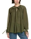 Femme Society Tie Cuff Peasant Top In Green