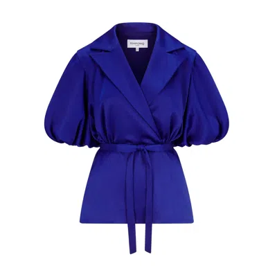 Femponiq Women's Draped Puff Sleeve Belted Blouse - Royal Blue