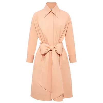 Femponiq Women's Neutrals Belted Gathered Cotton Shirt Dress In Peach In Orange