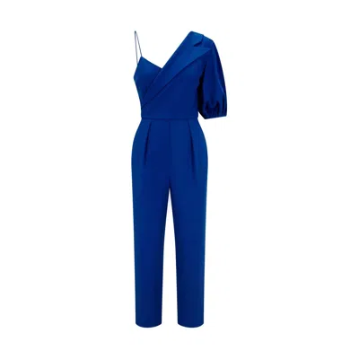 Femponiq Women's Peak Lapel Puff Sleeve Crepe Jumpsuit - Royal Blue