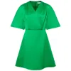 FEMPONIQ WOMEN'S PLEATED SHOULDER KIMONO SLEEVE SATIN DUCHESS DRESS /JELLYBEAN GREEN