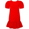 FEMPONIQ WOMEN'S PLEATED SHOULDER PEPLUM HEM CADY DRESS / WATERMELON RED