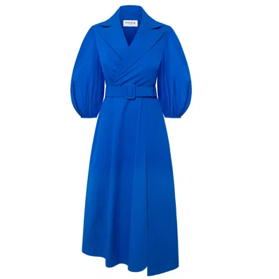 Femponiq Women's Wide Lapel Asymmetric Belted Midi Cotton Dress - Blue