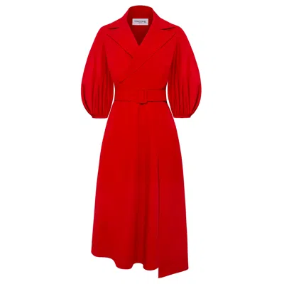 Femponiq Women's Wide Lapel Asymmetric Belted Midi Cotton Dress - Deep Red
