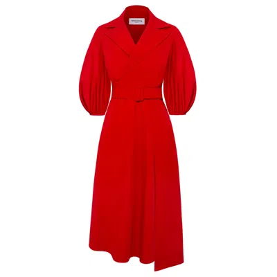 Femponiq Women's Wide Lapel Asymmetric Belted Midi Cotton Dress - Red