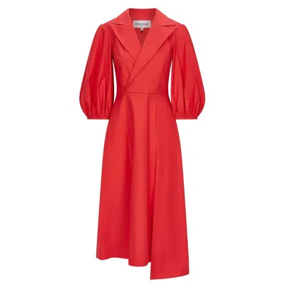 Femponiq Women's Wide Lapel Asymmetric Cotton Dress - Red