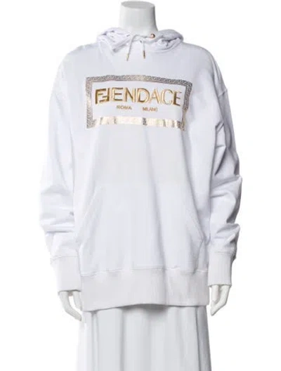 Pre-owned Fendace Graphic Print Tie Neck Hoodie In White