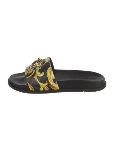 Pre-owned Fendace Medusa Insignia Leather Slides W/ Tags In Black