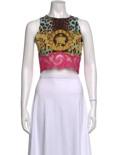 Pre-owned Fendace Silk Graphic Print Crop Top In White