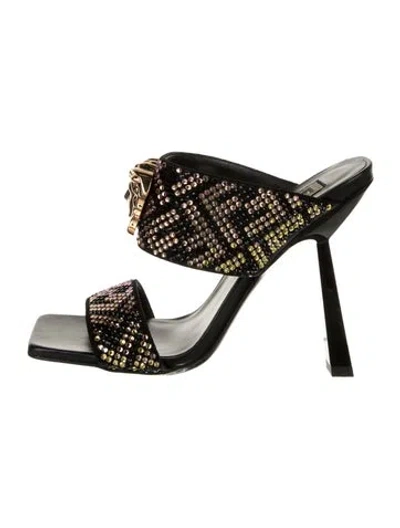 Pre-owned Fendace Zucca Ff Logo Crystal Slides In Black
