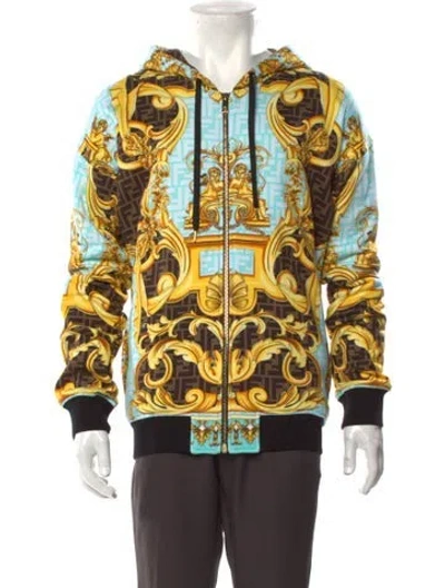 Pre-owned Fendace Zucca Ff Logo Graphic Print Hoodie In Blue