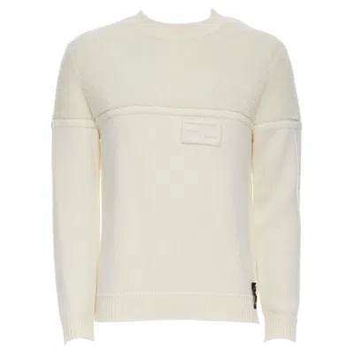 Pre-owned Fendi 100% Wool Fleece Cream Panelled Logo Applique Sweater It46 S In White